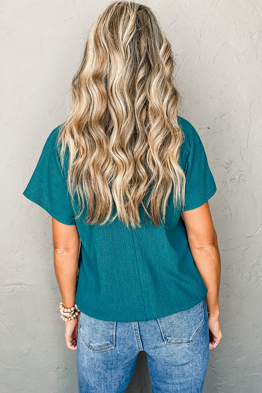 Blue Sapphire Crinkled V Neck Wide Sleeve T-shirt - Image 2