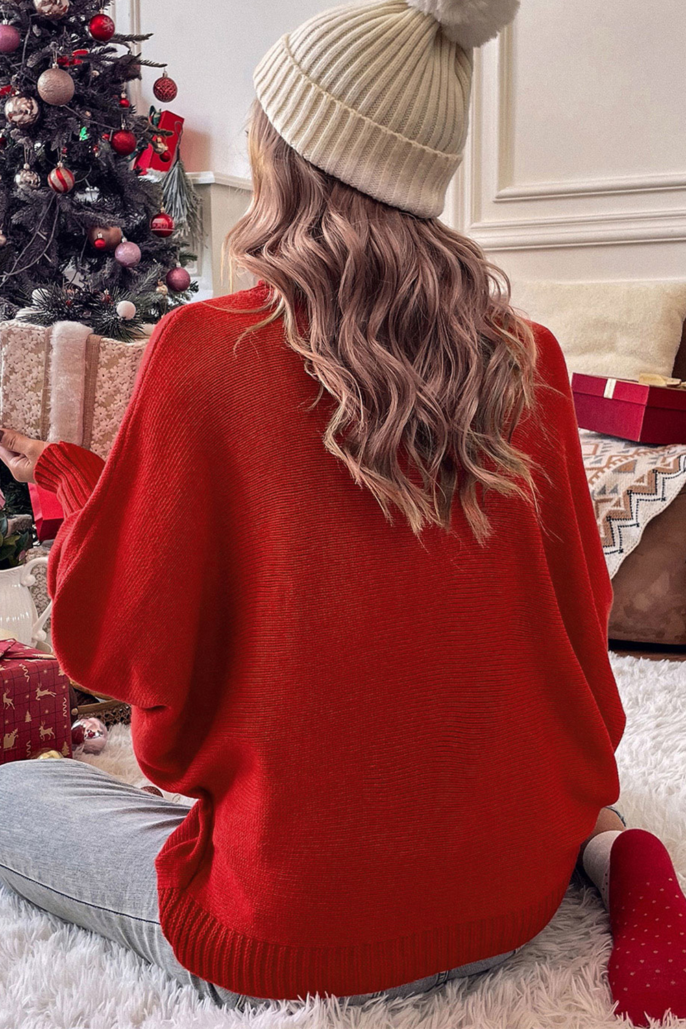 Red Merry Letter Embroidered High Neck Sweater - Image 11