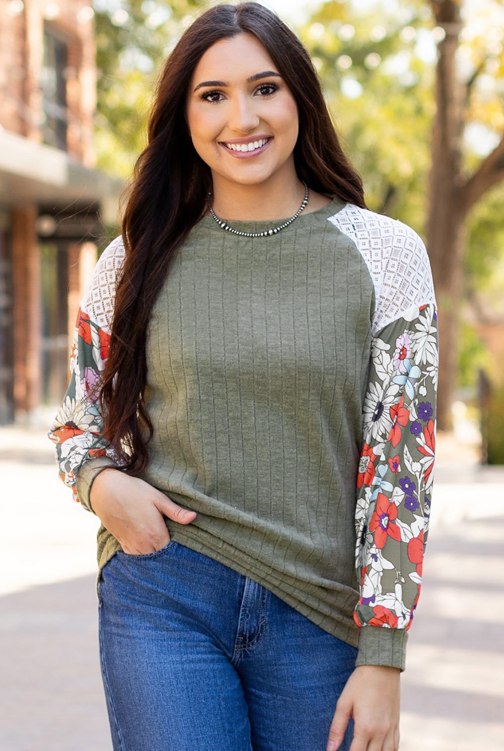 Laurel Green Floral Patchwork Long Sleeve Ribbed Blouse