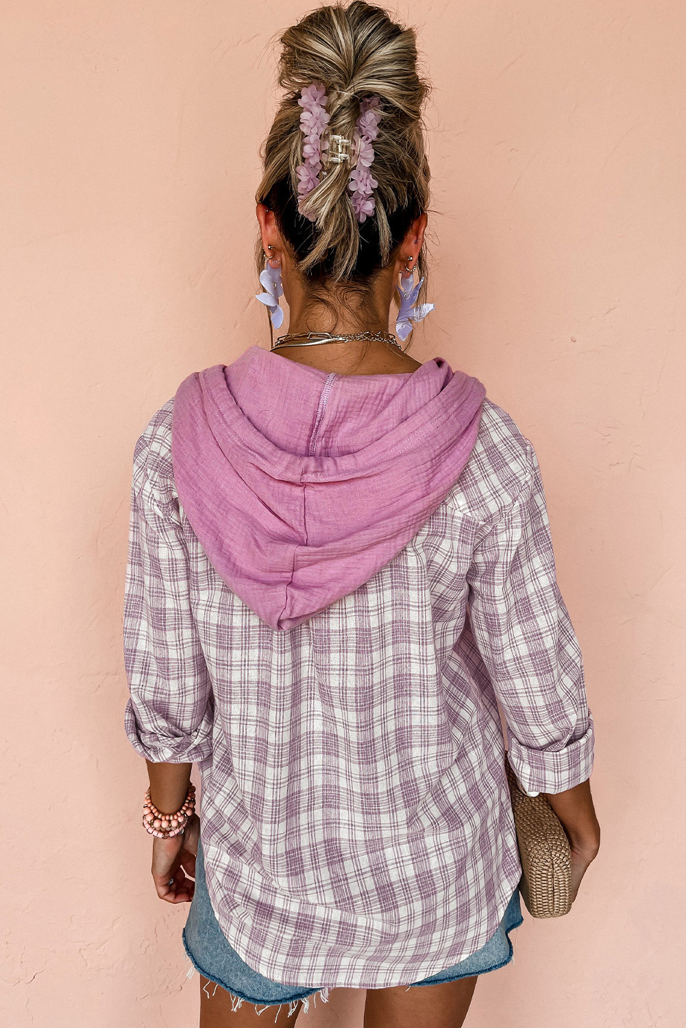 Pink Checkered Print Loose Fit Buttoned Hooded Shacket - Image 2