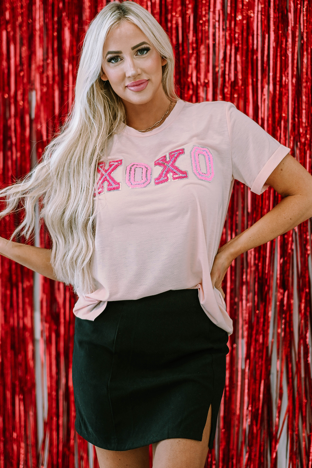 Pink Valentines Shiny XOXO Graphic T-shirt - Image 3