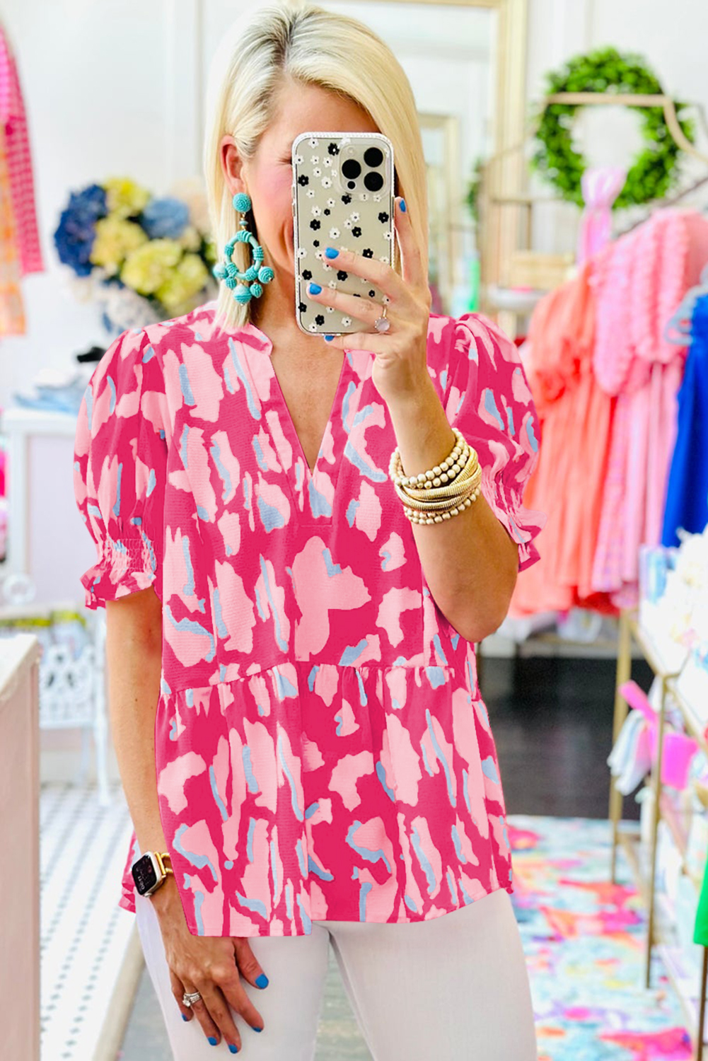 Rose Abstract Print Smocked Puff Sleeve V Neck Blouse - Image 2