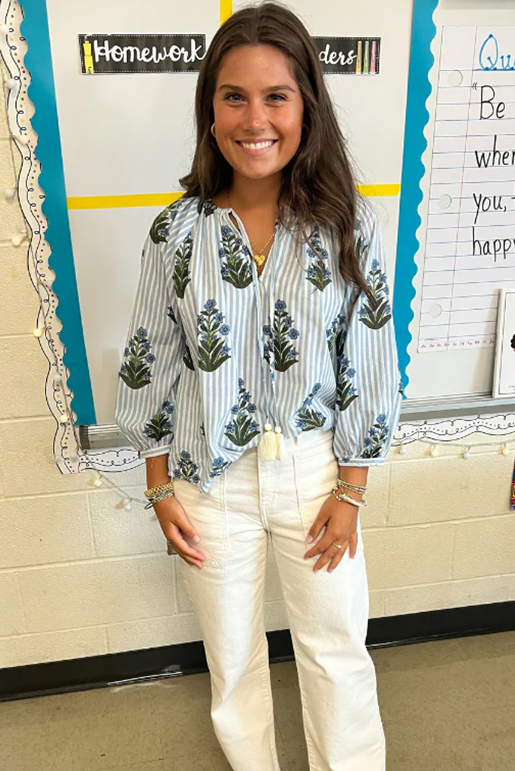 Beau Blue Striped Floral Printed Long Sleeve Tied V Neck Blouse - Image 3