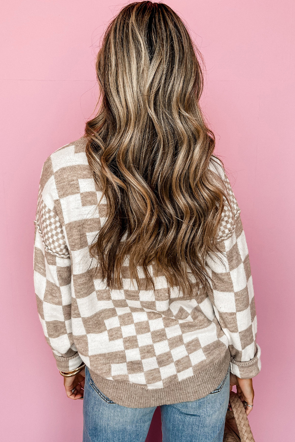 Khaki Checkered Print Drop Shoulder Round Neck Sweater - Image 3