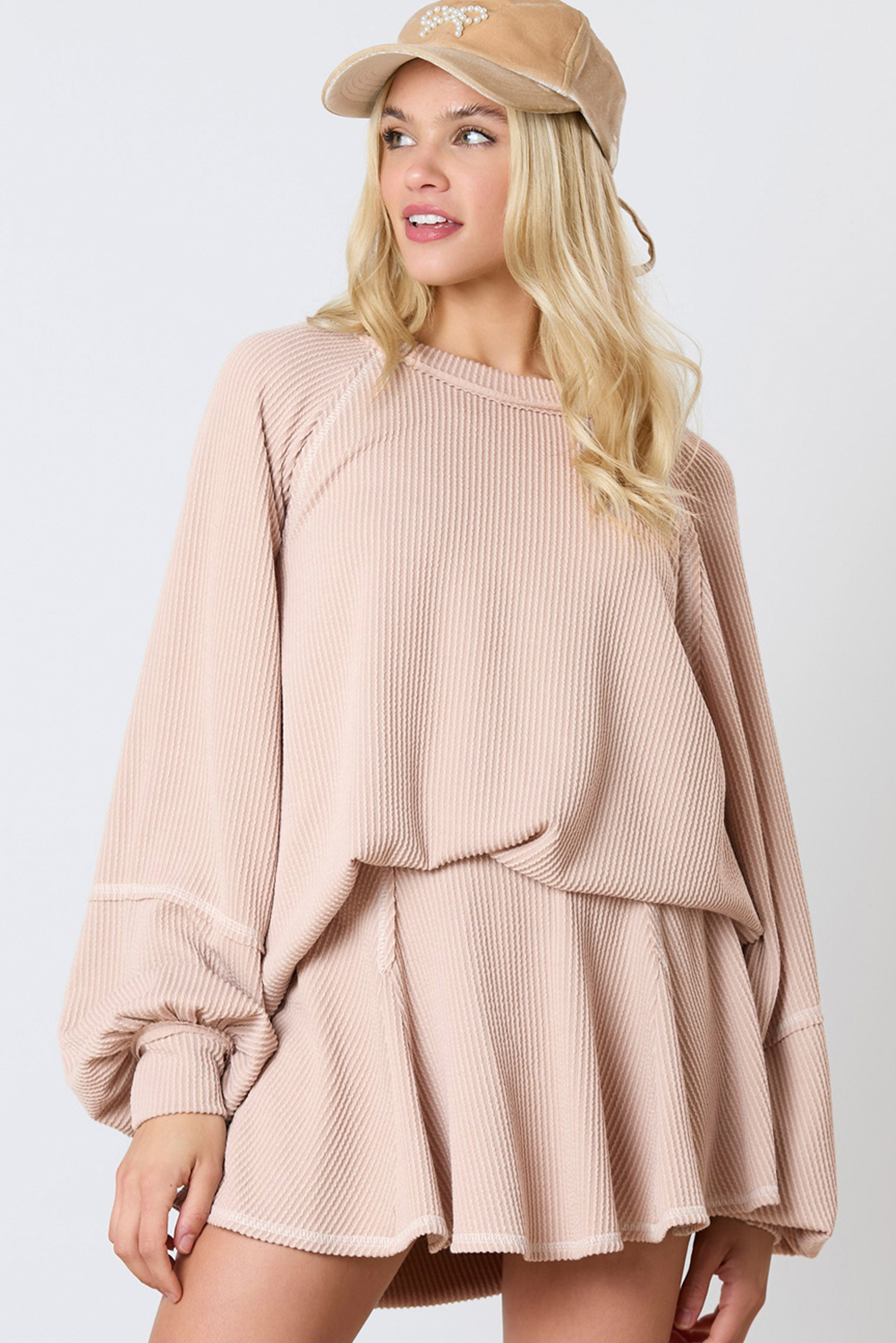 Jet Stream Corded Lantern Sleeve Top High Waist Ruffled Mini Skirt Set - Image 3