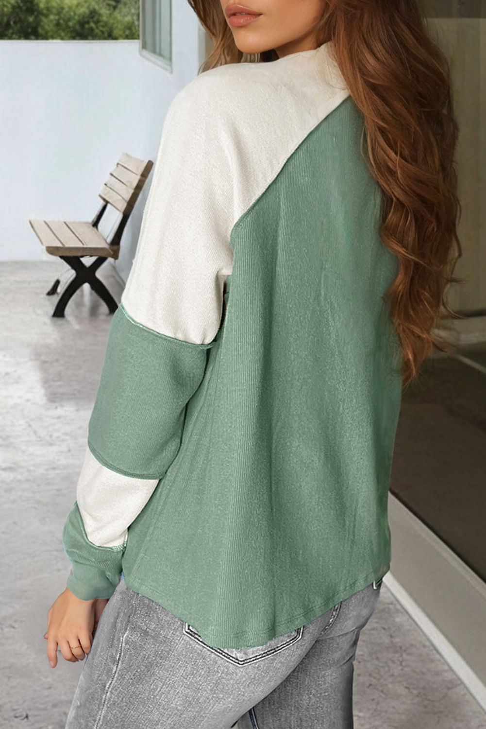 Mint Green Ribbed Colorblock Patchwork Raglan Long Sleeve Top - Image 2