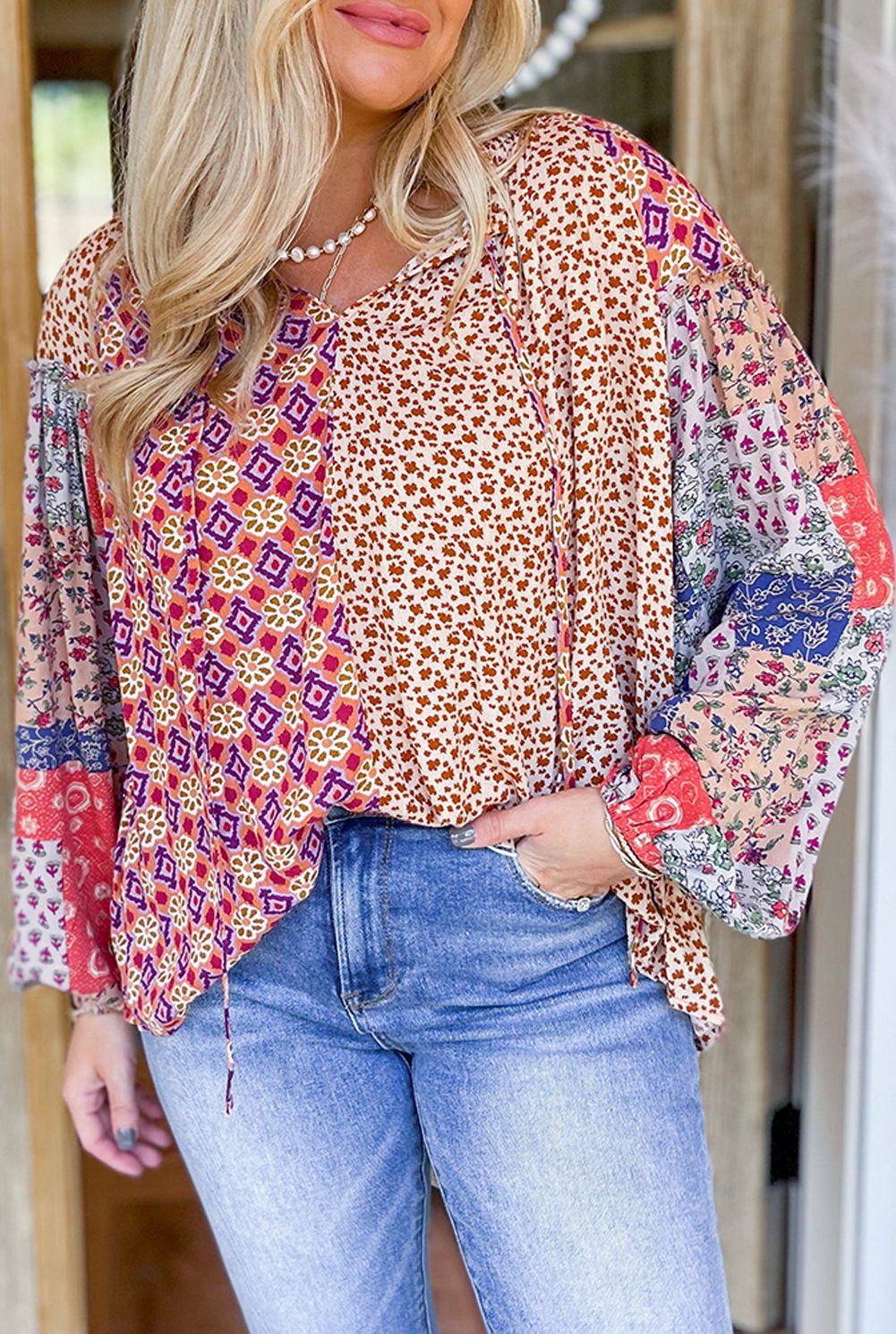 Orange Mixed Floral Printed Long Sleeve Tied V Neck Blouse
