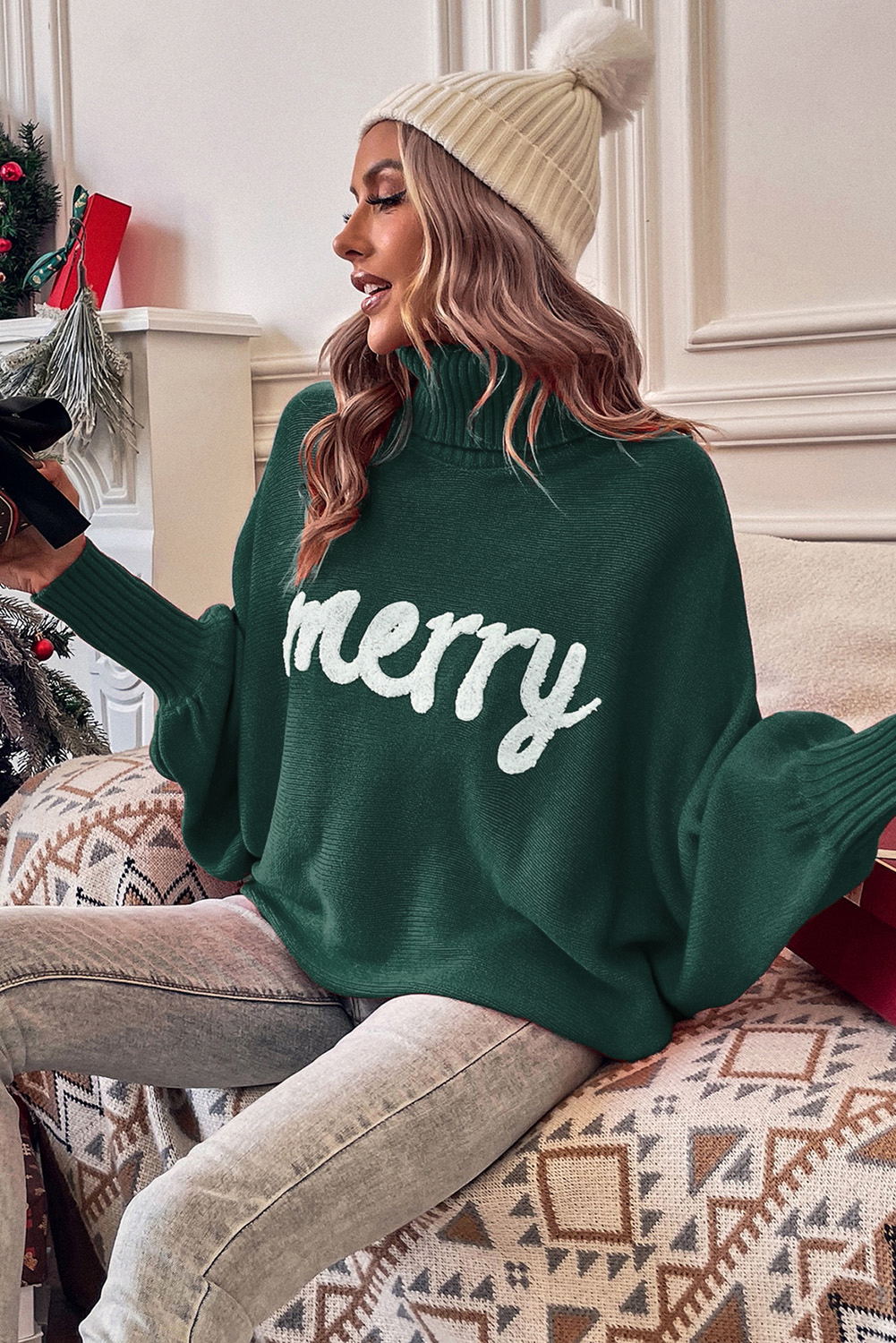 Red Merry Letter Embroidered High Neck Sweater - Image 9