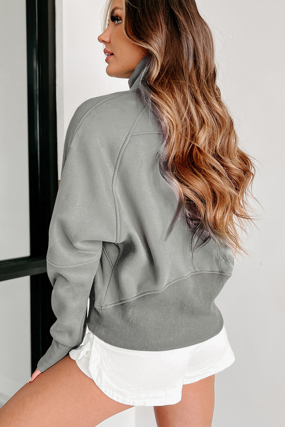 Brown Fleece Lined Zip Up Stand Collar Thumbhole Sleeve Sweatshirt - Image 5