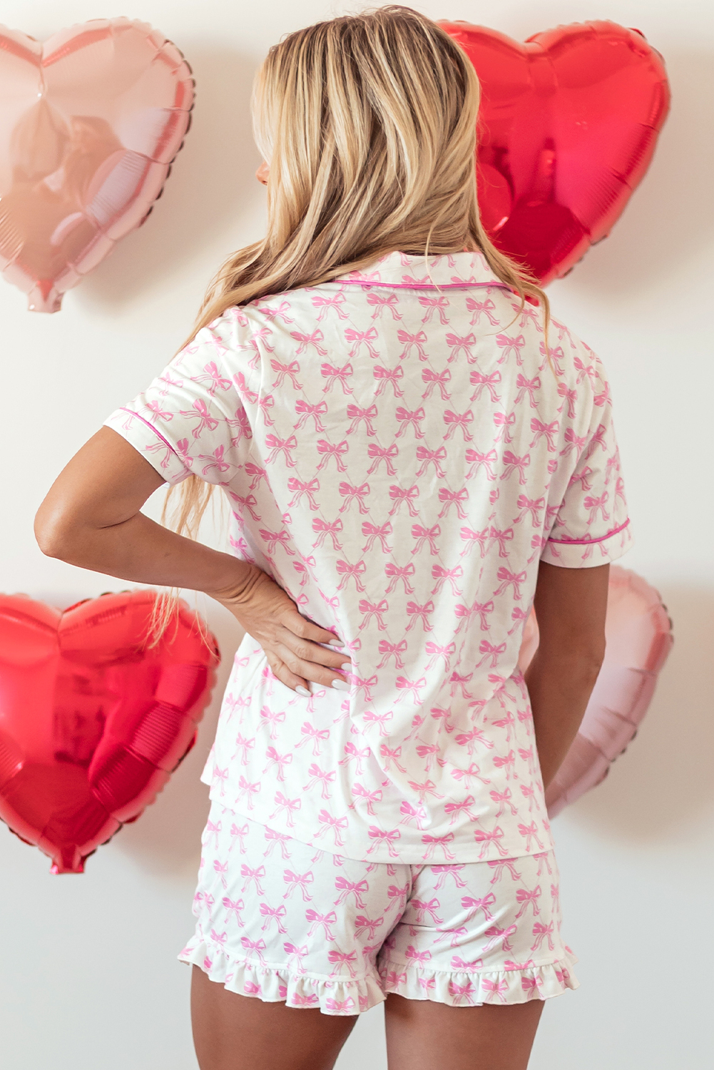 Pink Bowknot Printed Short Sleeve and Ruffled Shorts Valentines Pajama Set - Image 2