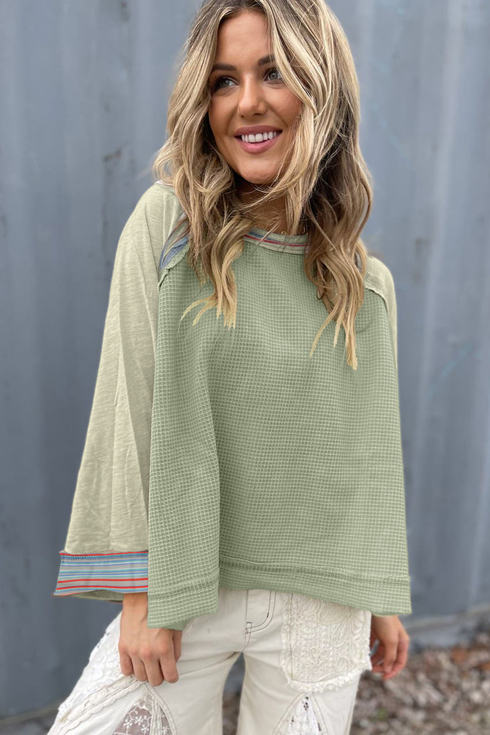 Grapefruit Orange Waffle Knit Wide Bracelet Sleeve Patchwork Raglan Top - Image 6