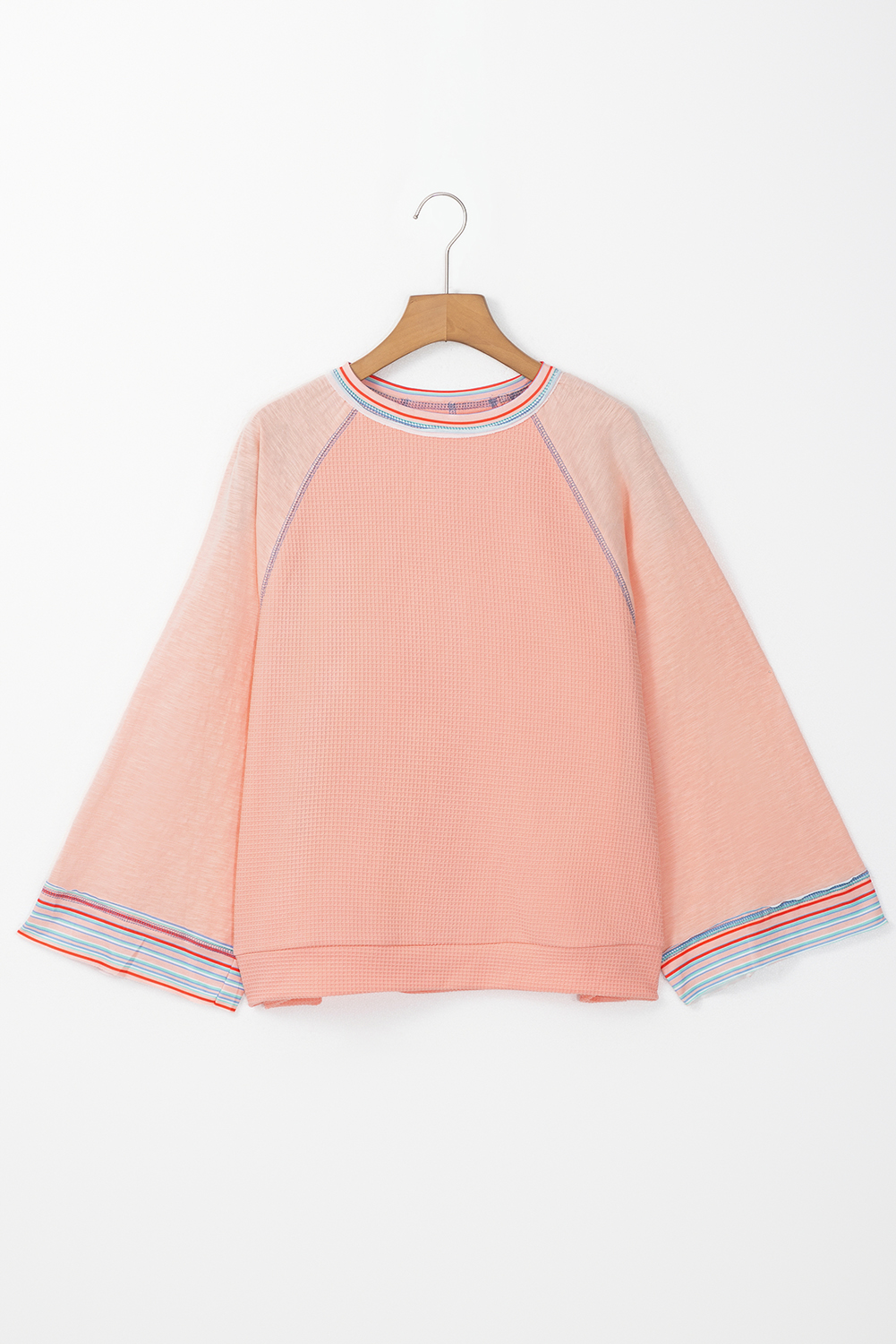 Grapefruit Orange Waffle Knit Wide Bracelet Sleeve Patchwork Raglan Top - Image 3