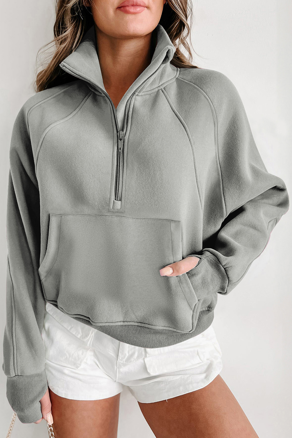 Brown Fleece Lined Zip Up Stand Collar Thumbhole Sleeve Sweatshirt - Image 6
