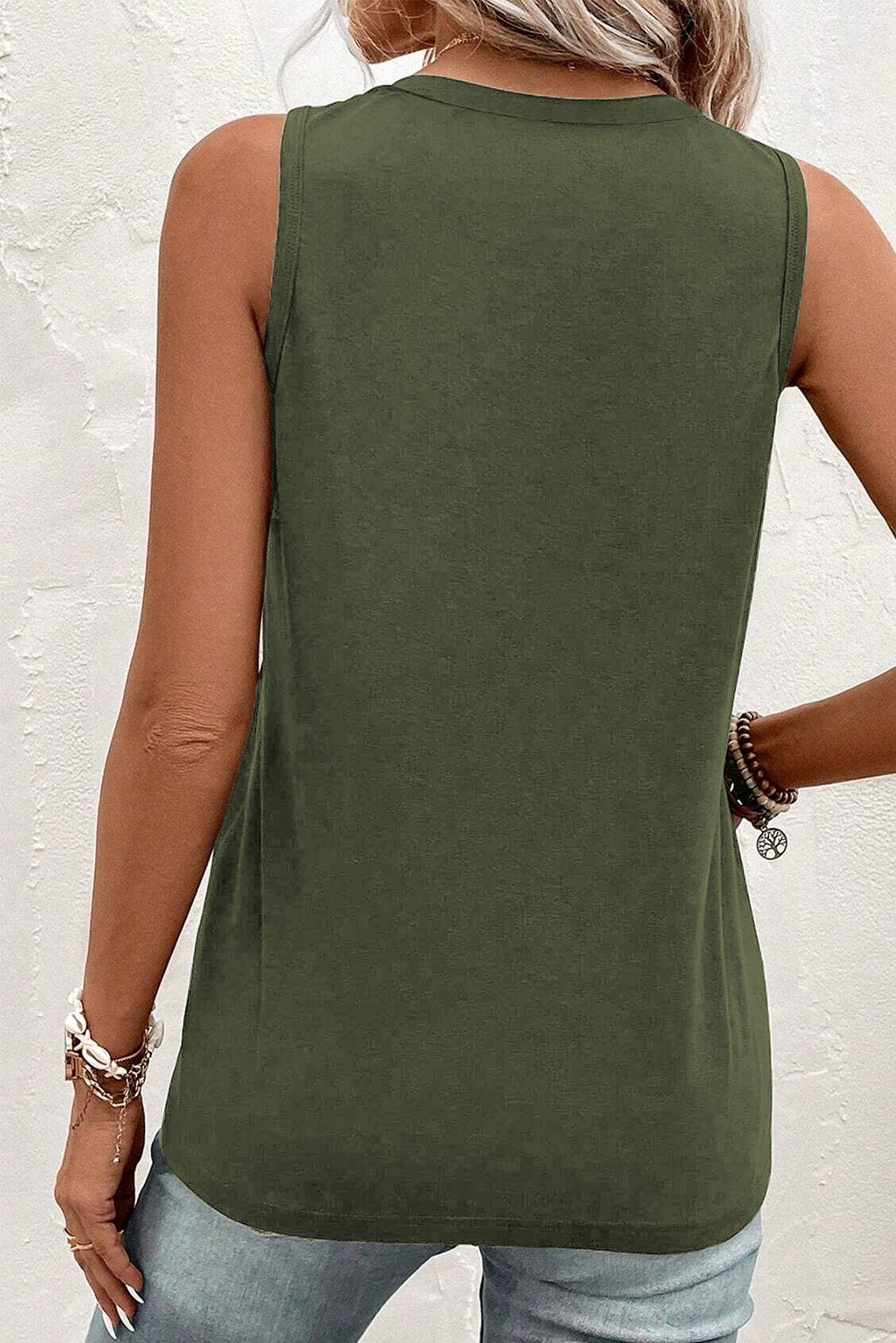 Jungle Green Half Button V Neck Patched Pocket Tank Top - Image 2