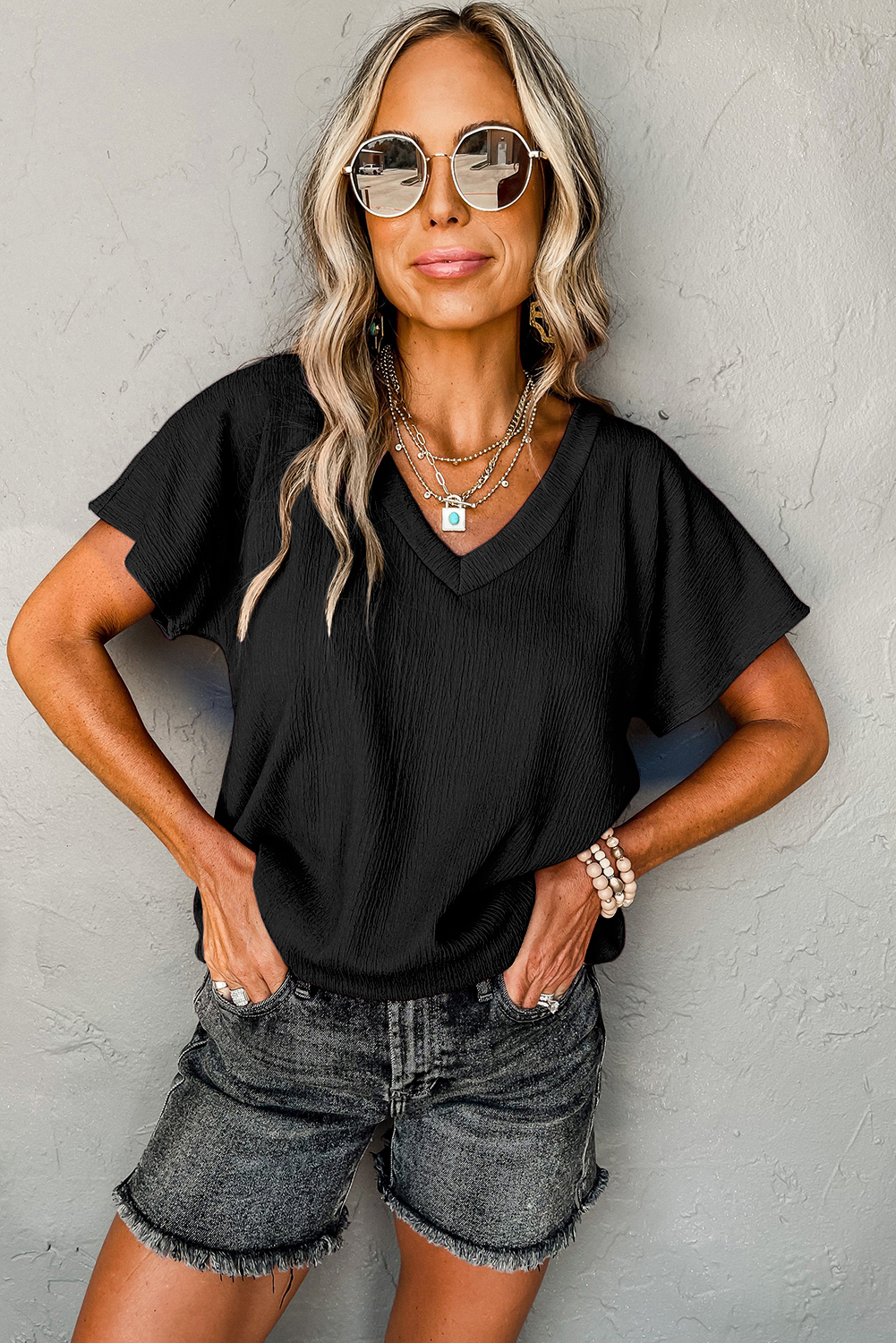 Blue Sapphire Crinkled V Neck Wide Sleeve T-shirt - Image 9