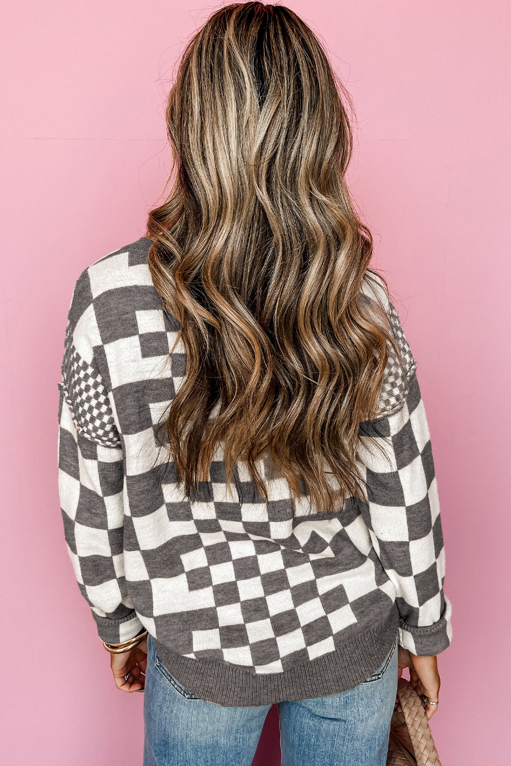 Khaki Checkered Print Drop Shoulder Round Neck Sweater - Image 5