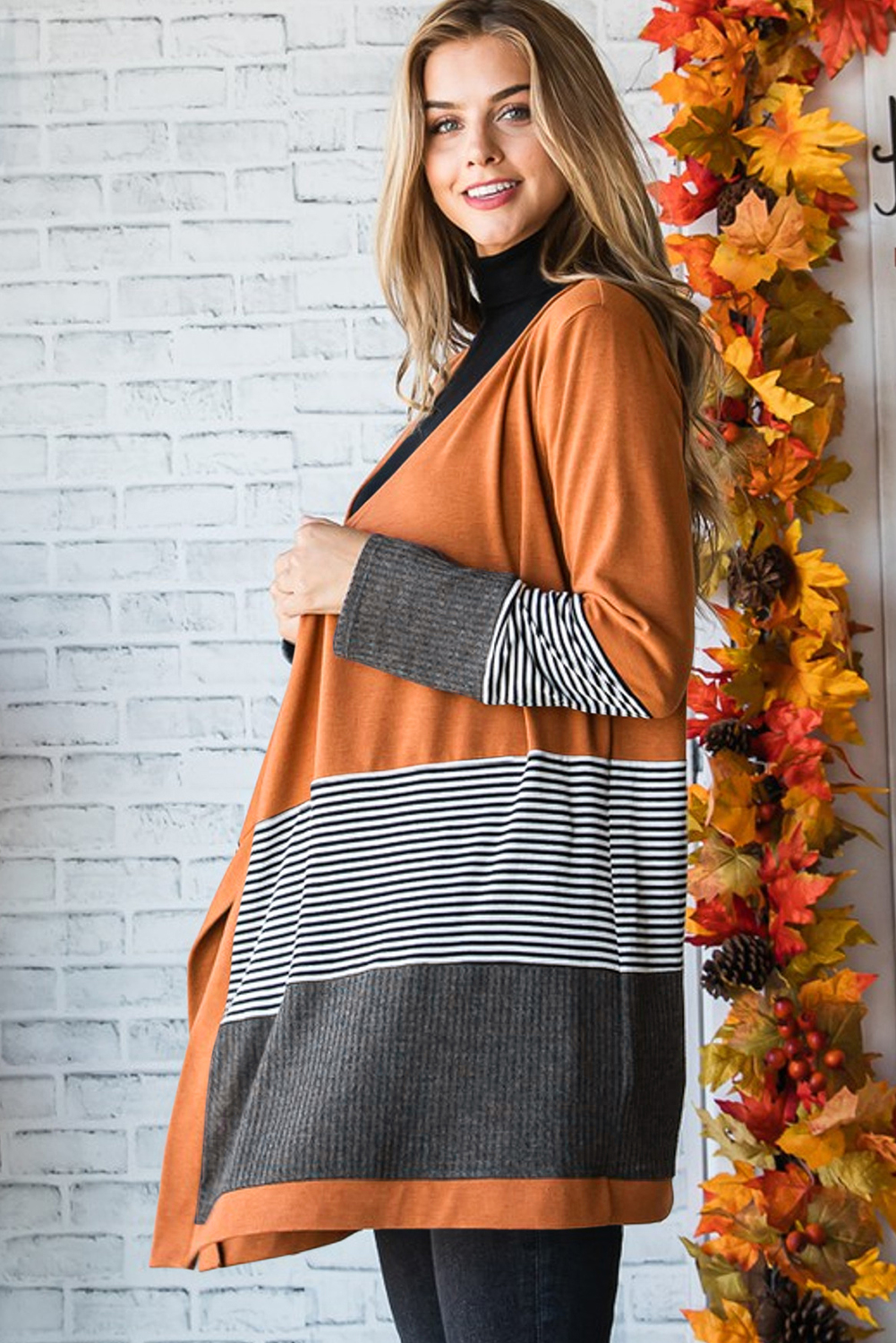 Orange Colorblock Striped Patchwork Open Cardigan - Image 3