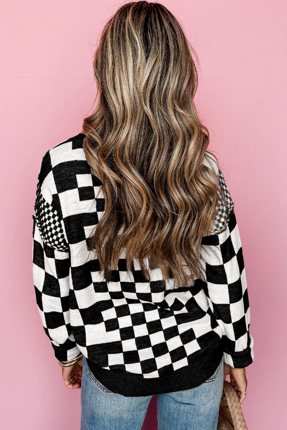 Khaki Checkered Print Drop Shoulder Round Neck Sweater - Image 12