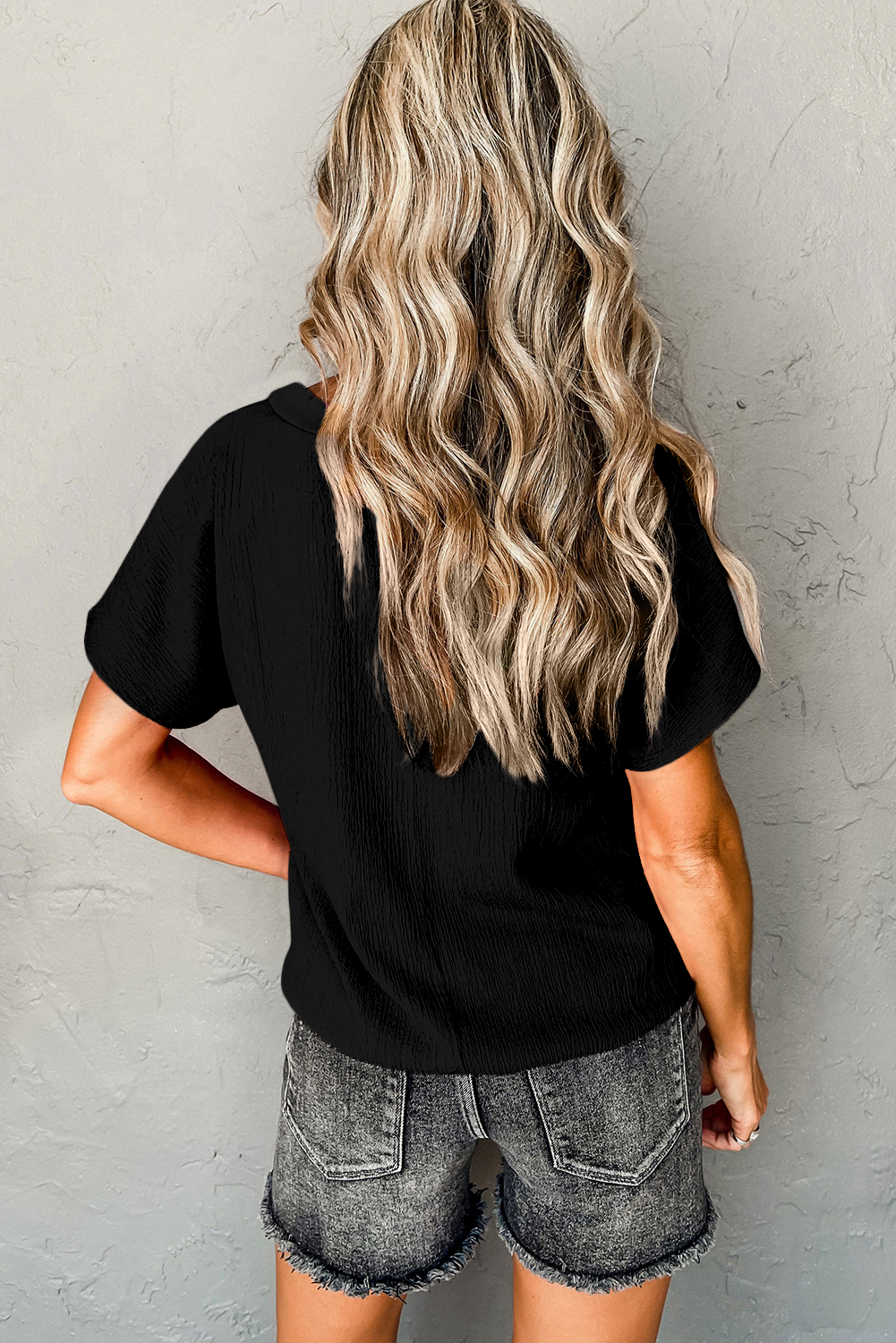 Blue Sapphire Crinkled V Neck Wide Sleeve T-shirt - Image 8