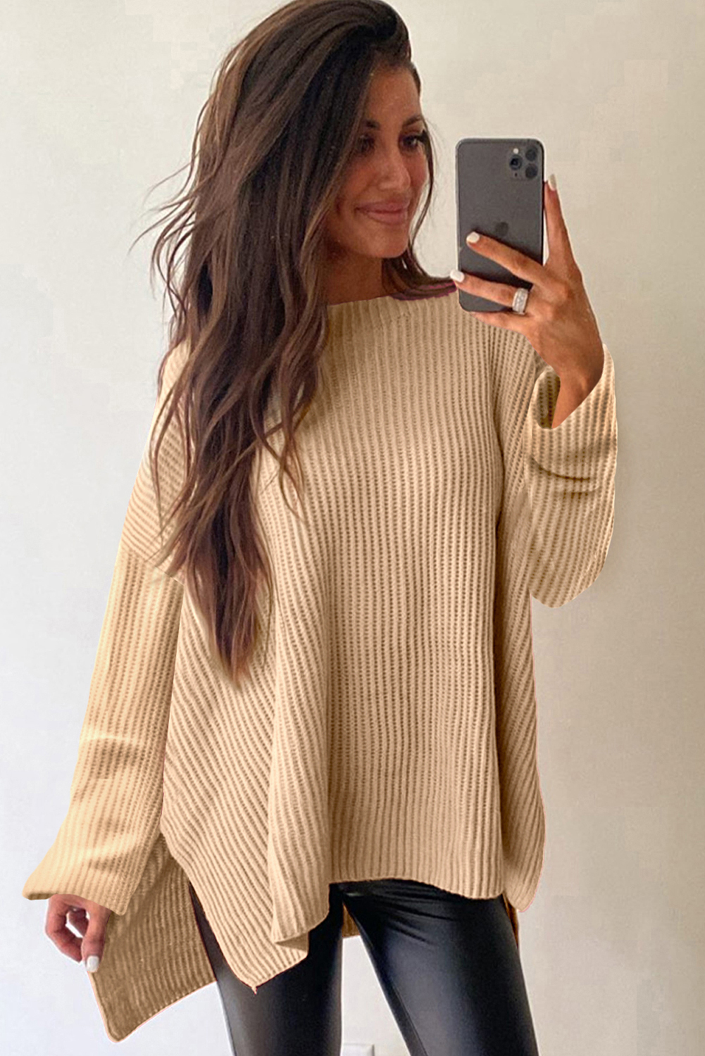 Apricot Cable Knit Drop Shoulder Side Slits Loose Sweater - Image 2