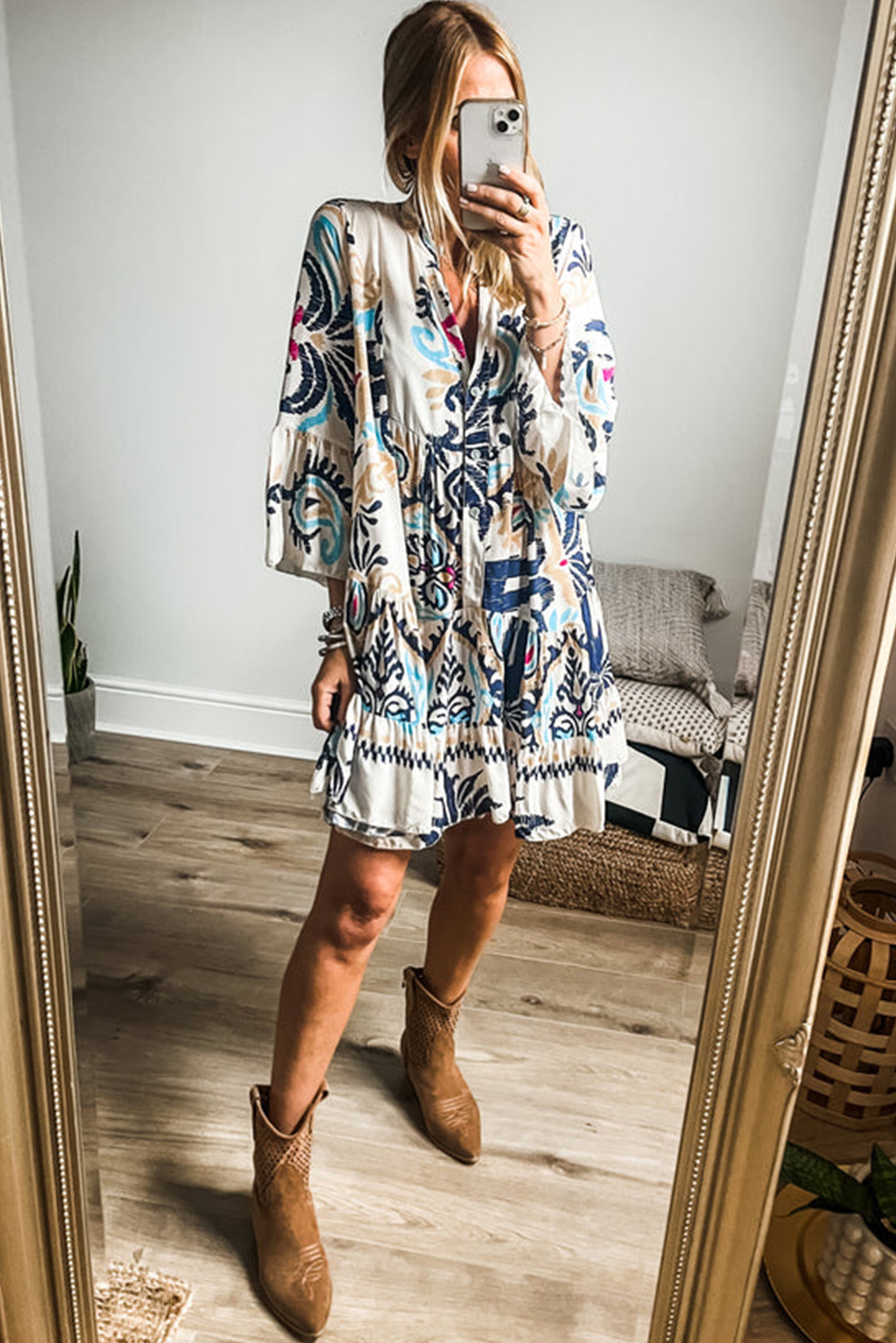 Green Tribal Bracelet Sleeve Buttoned Mini Dress - Image 6