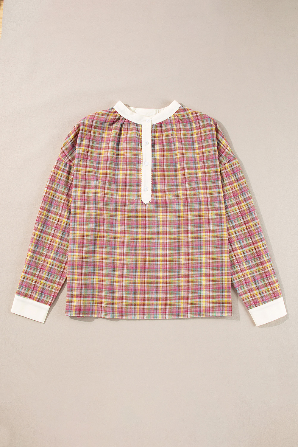 Pink Colorblock Plaid Patchwork Henley Blouse - Image 3