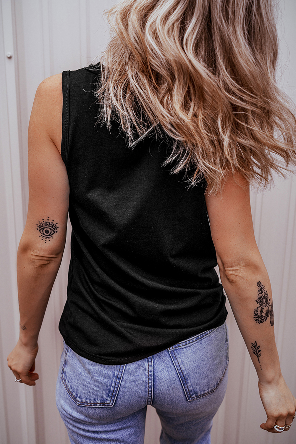 Black Half Button V Neck Patched Pocket Tank Top - Image 2