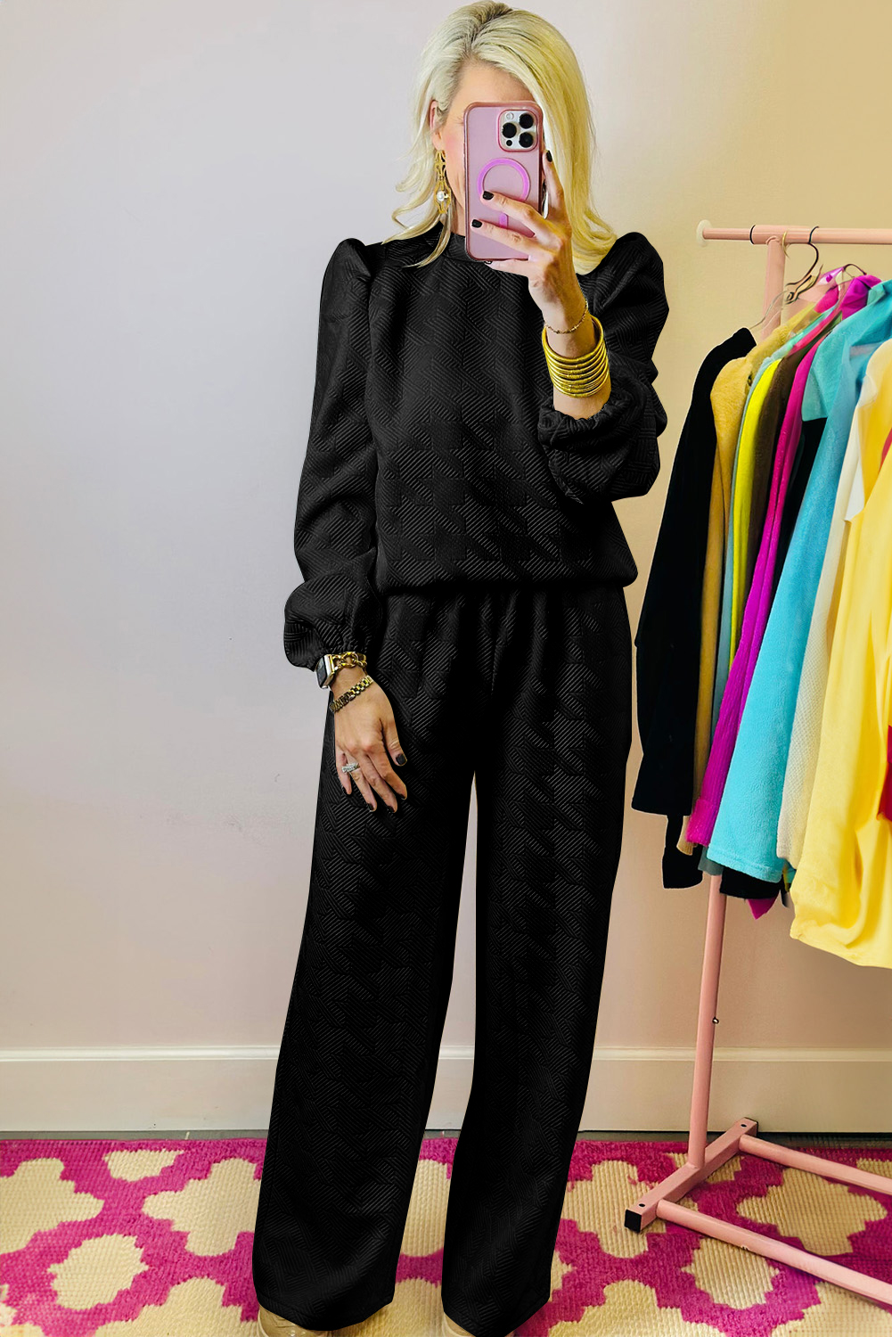 Rose Red Textured Puff Sleeve Top and Pants Set - Image 6