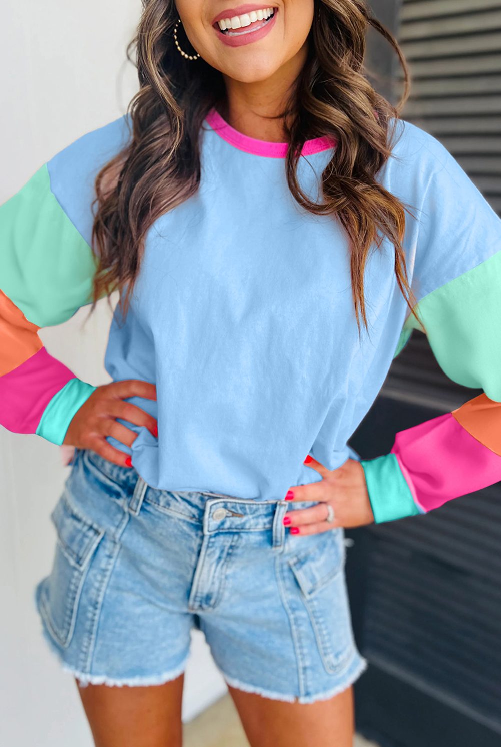 Dark Blue Colorblock Patchwork Long Sleeve Loose Top