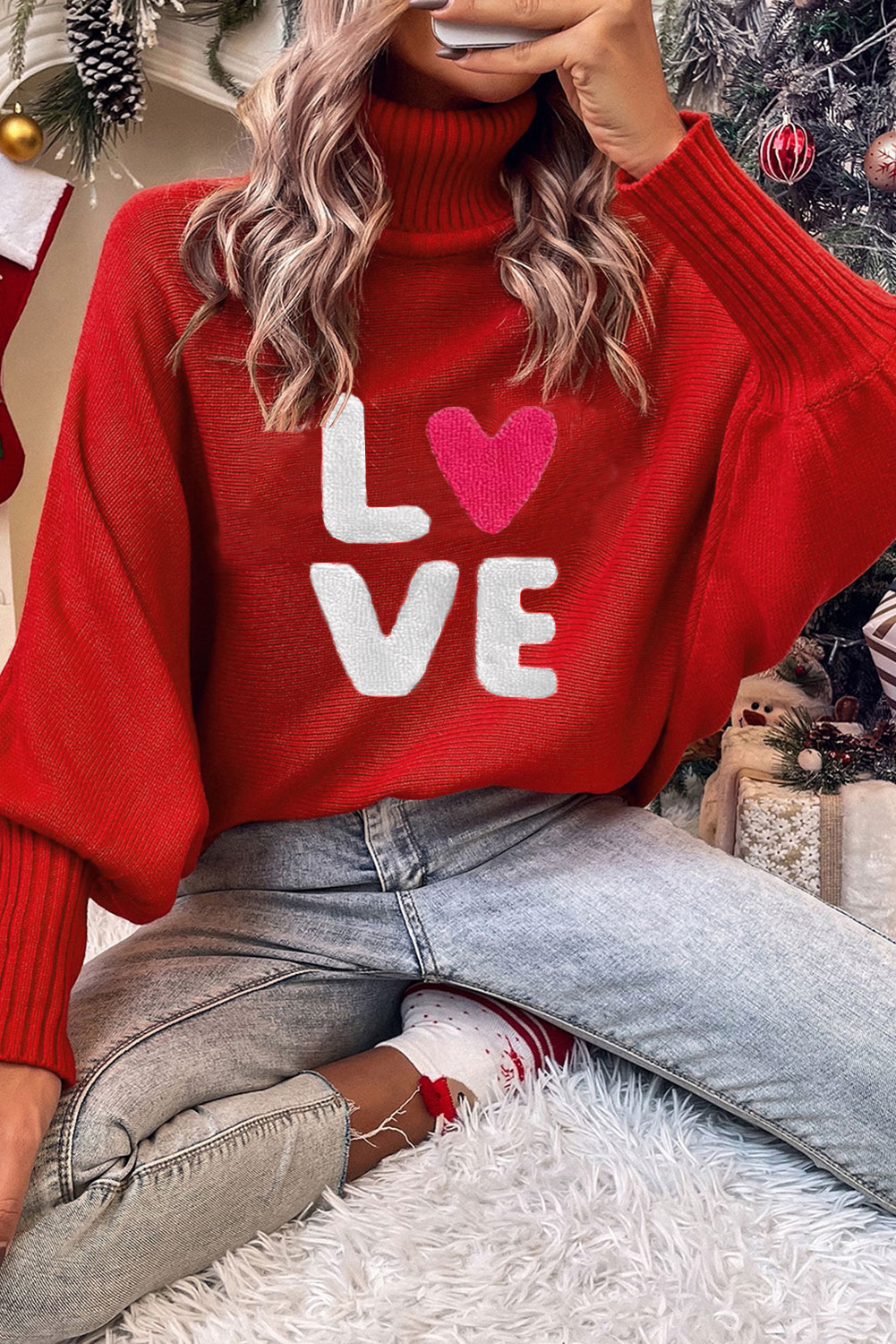 Red Merry Letter Embroidered High Neck Sweater - Image 10