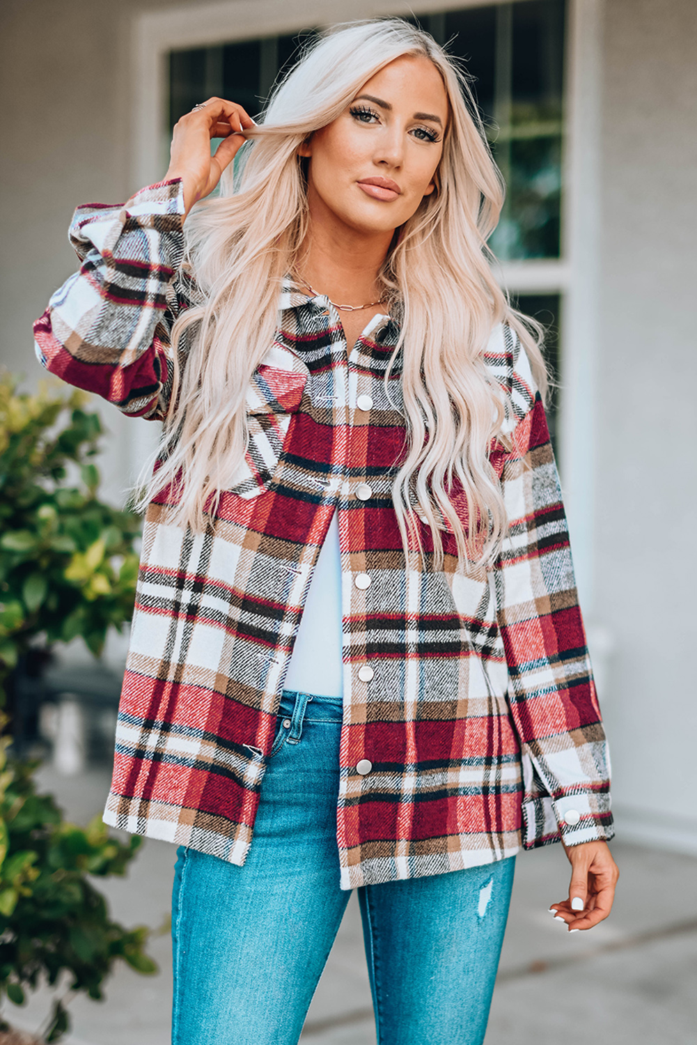 Geometric Plaid Print Pocketed Shacket - Image 6