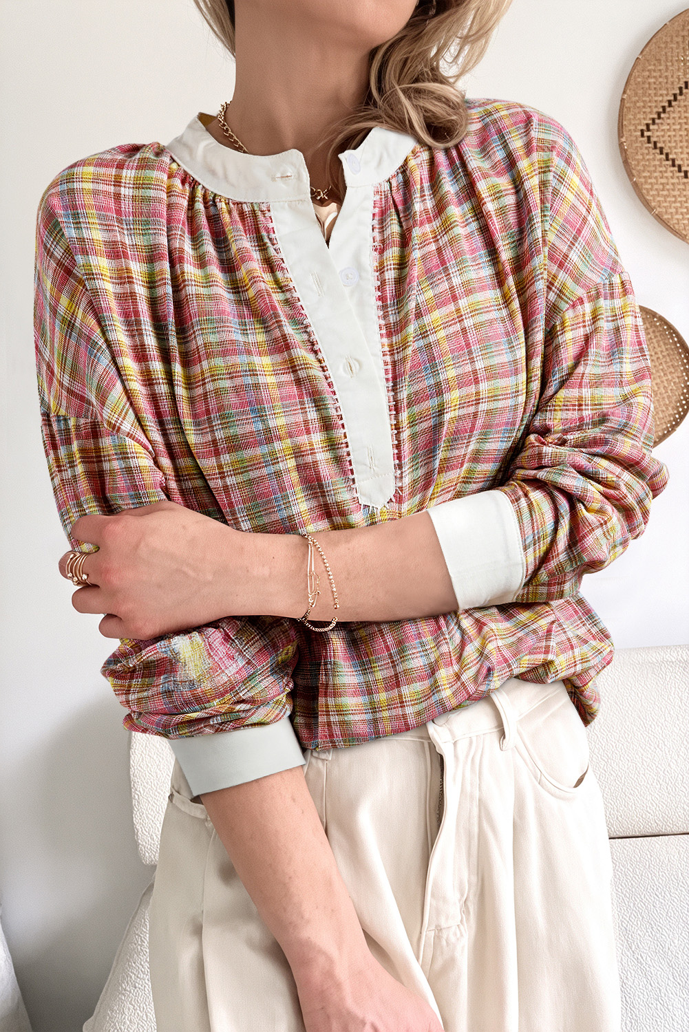 Pink Colorblock Plaid Patchwork Henley Blouse - Image 2