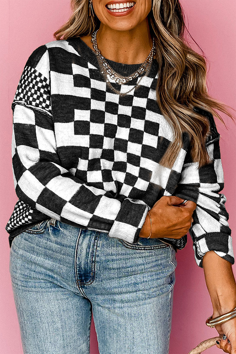 Khaki Checkered Print Drop Shoulder Round Neck Sweater - Image 11