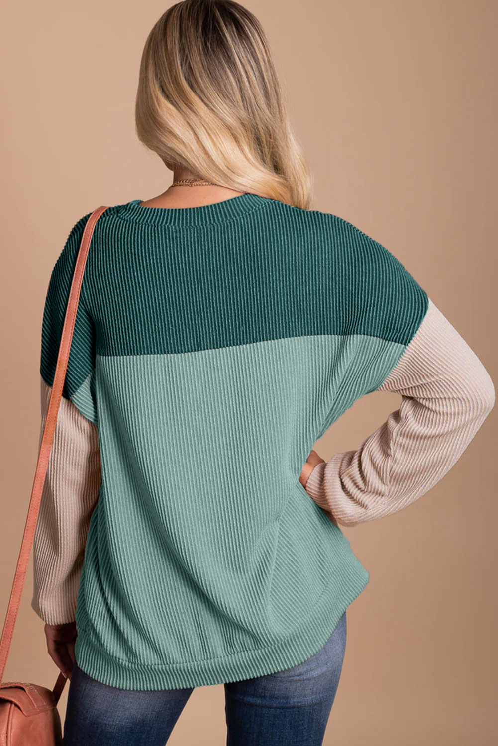 Khaki Color Block Long Sleeve Ribbed Loose Top - Image 5