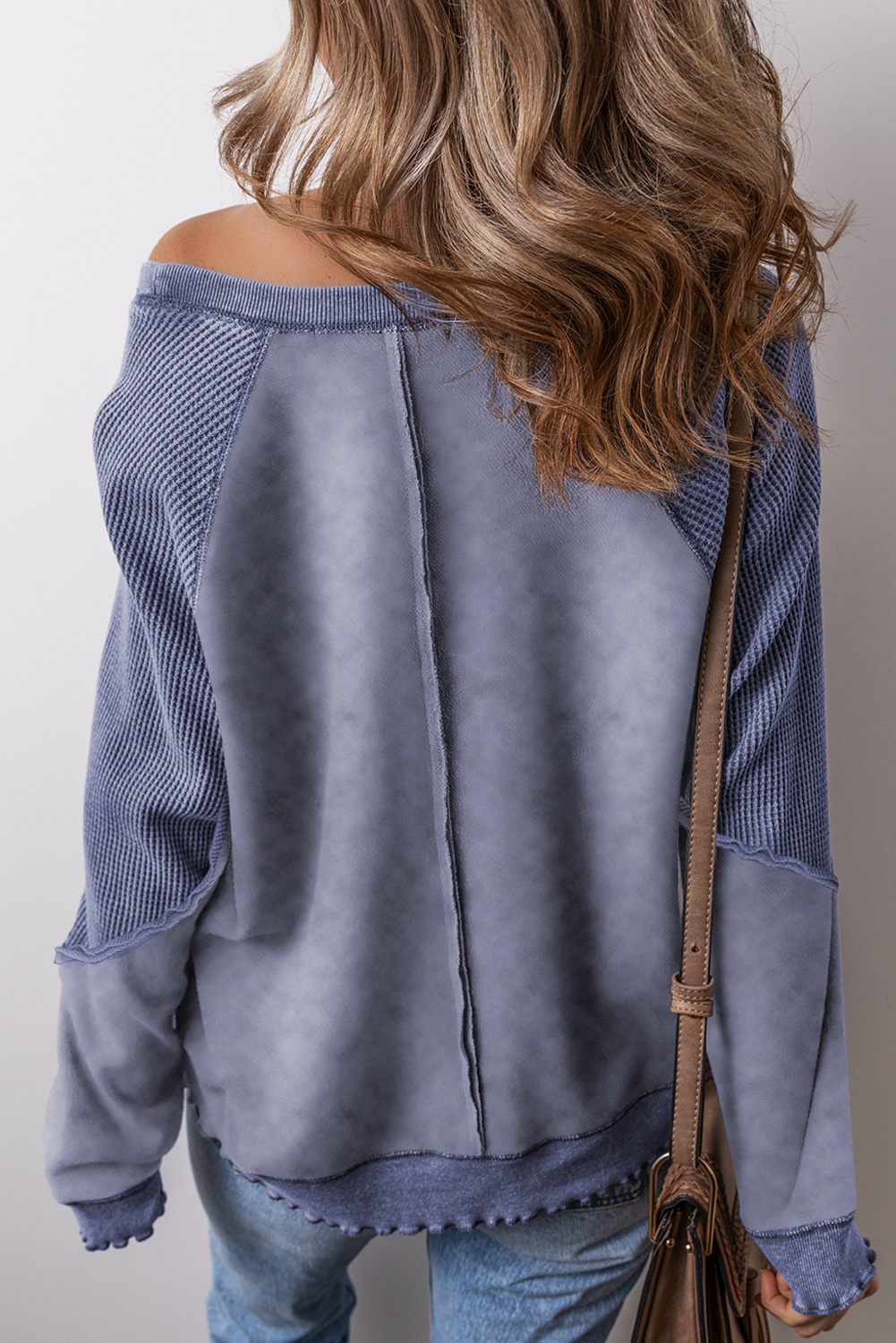 Mineral Blue Solid Waffle Knit Patchwork Raglan Sleeve Sweatshirt - Image 17