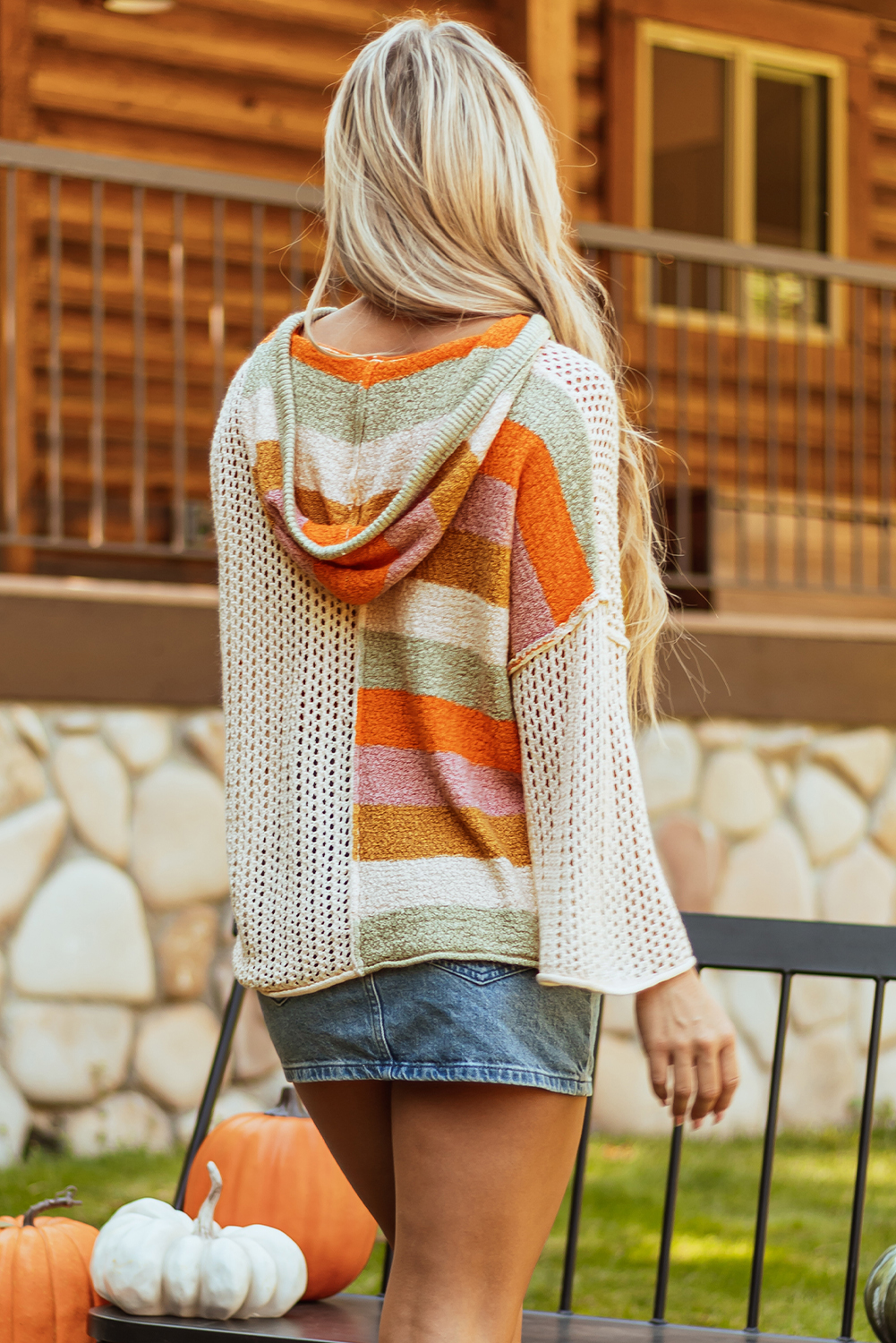 Beige Oversized Colorblock V Neck Hooded Sweater - Image 2