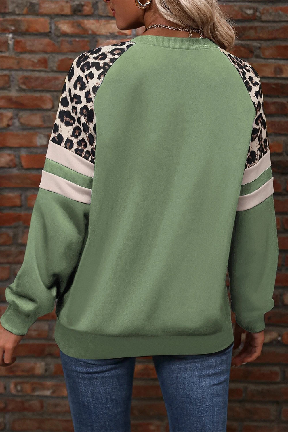 Grass Green Leopard Print Colorblock Raglan Sleeve Sweatshirt - Image 2