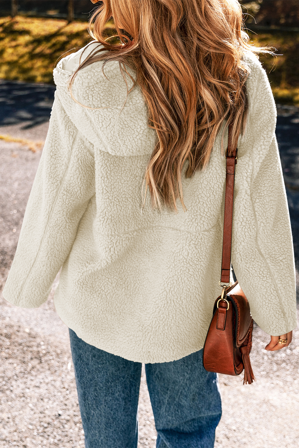 Medium Grey Fleece Zip Up Drawstring Hooded Pocketed Jacket - Image 5