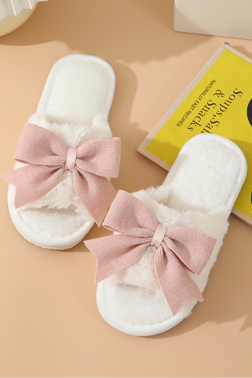White Bow Knot Decor Open Toe Plush Slippers - Image 3