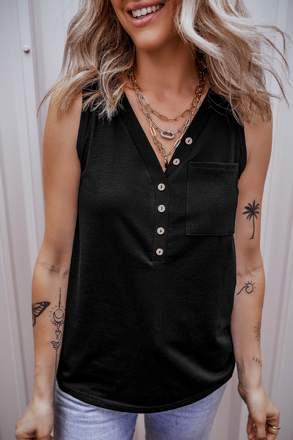 Black Half Button V Neck Patched Pocket Tank Top - Image 3
