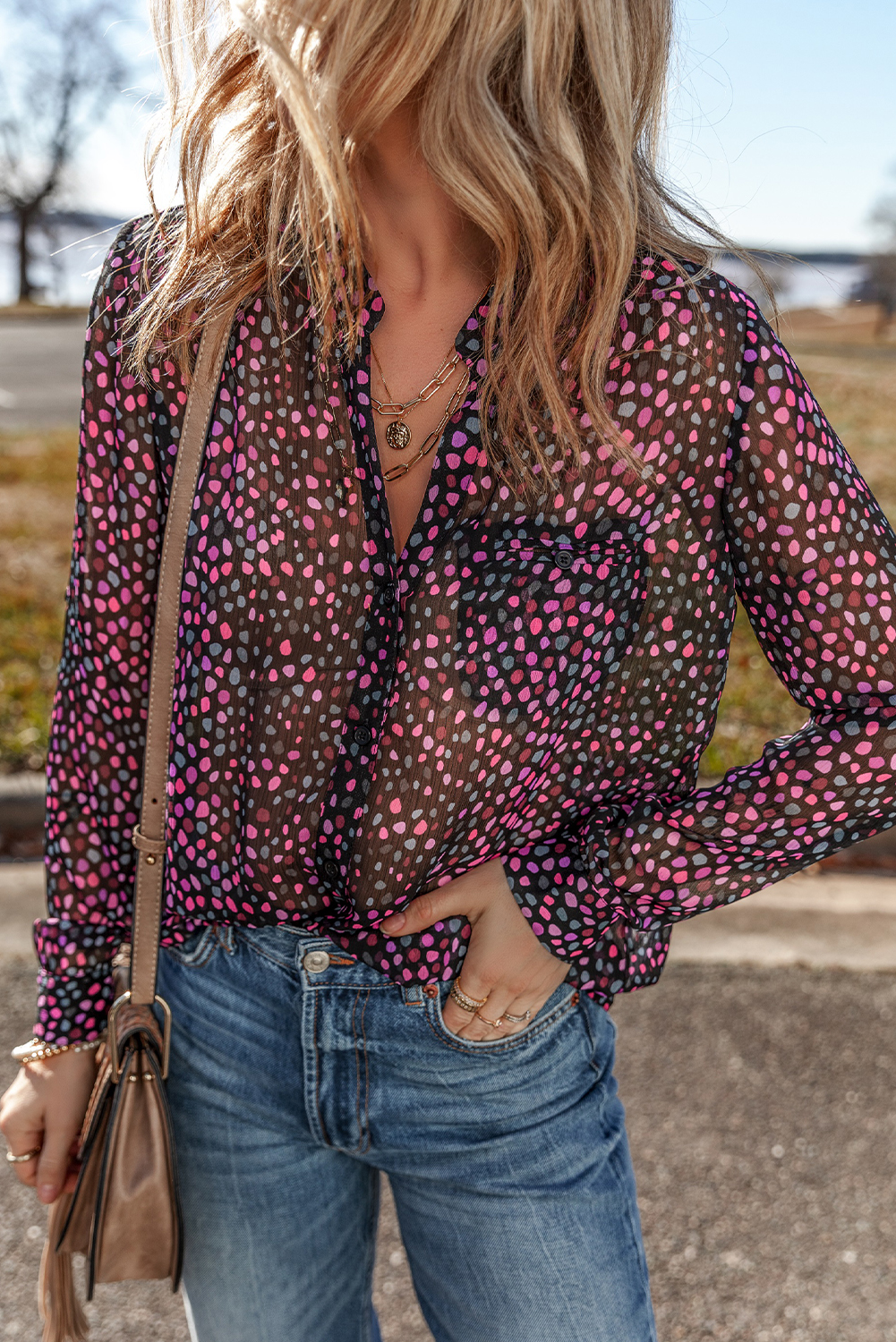 Grape Wine Polka Dot Printed Buttoned Casual Shirt - Image 3