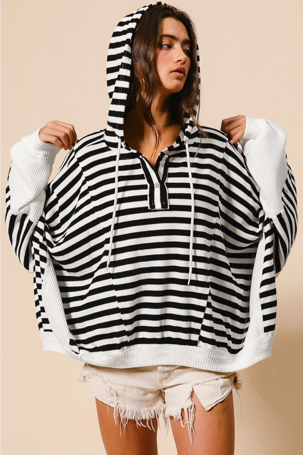 Black white Oversized Striped Henley Buttons Dolman Sleeve Hooded Top - Image 2
