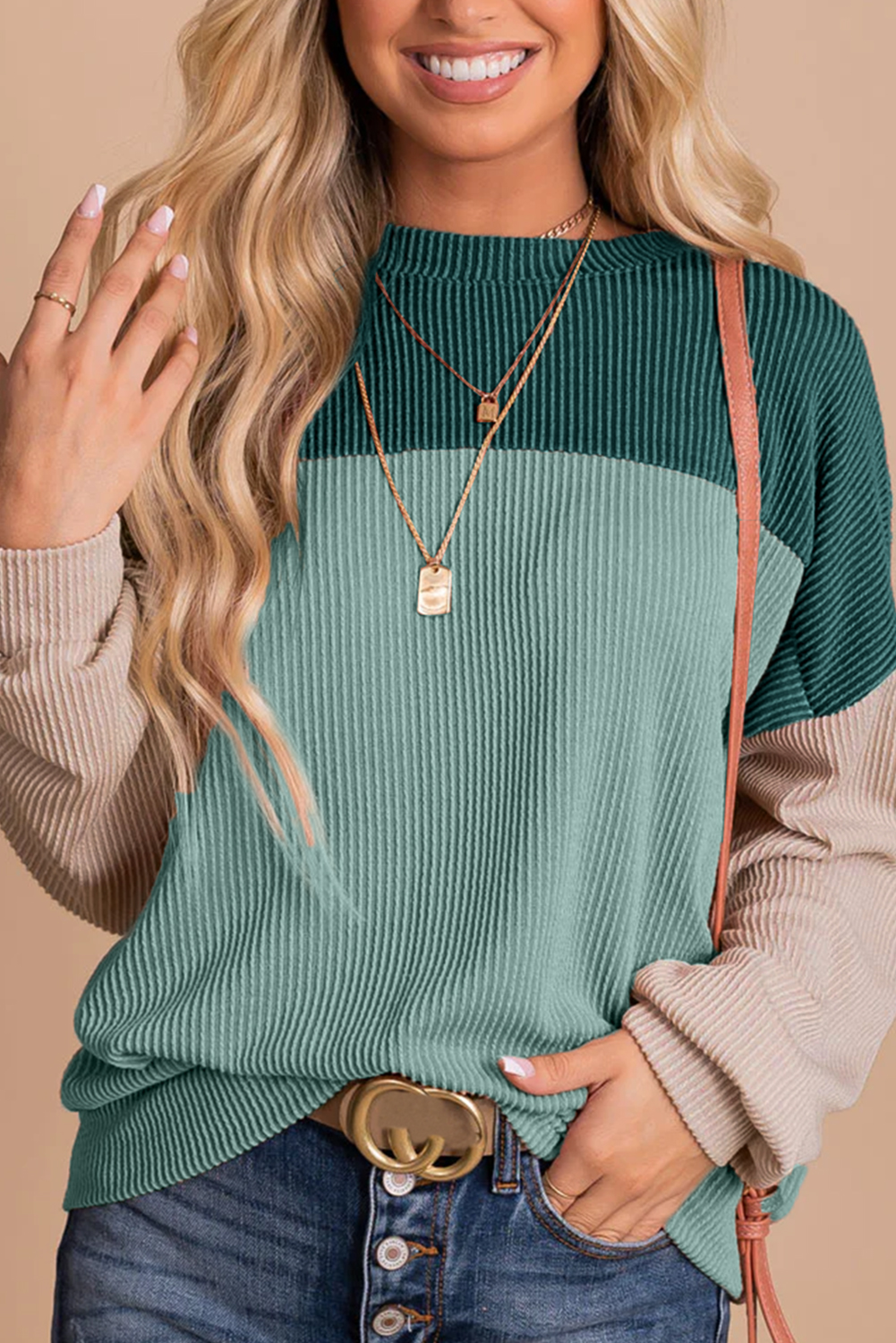 Khaki Color Block Long Sleeve Ribbed Loose Top - Image 4