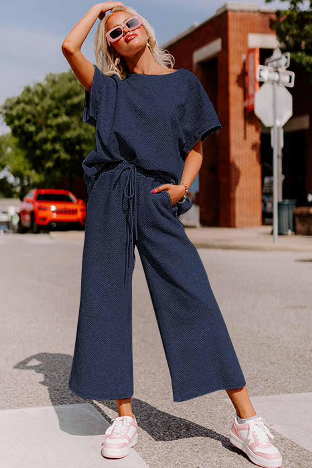 Black Textured Loose Fit T Shirt and Drawstring Pants Set - Image 24