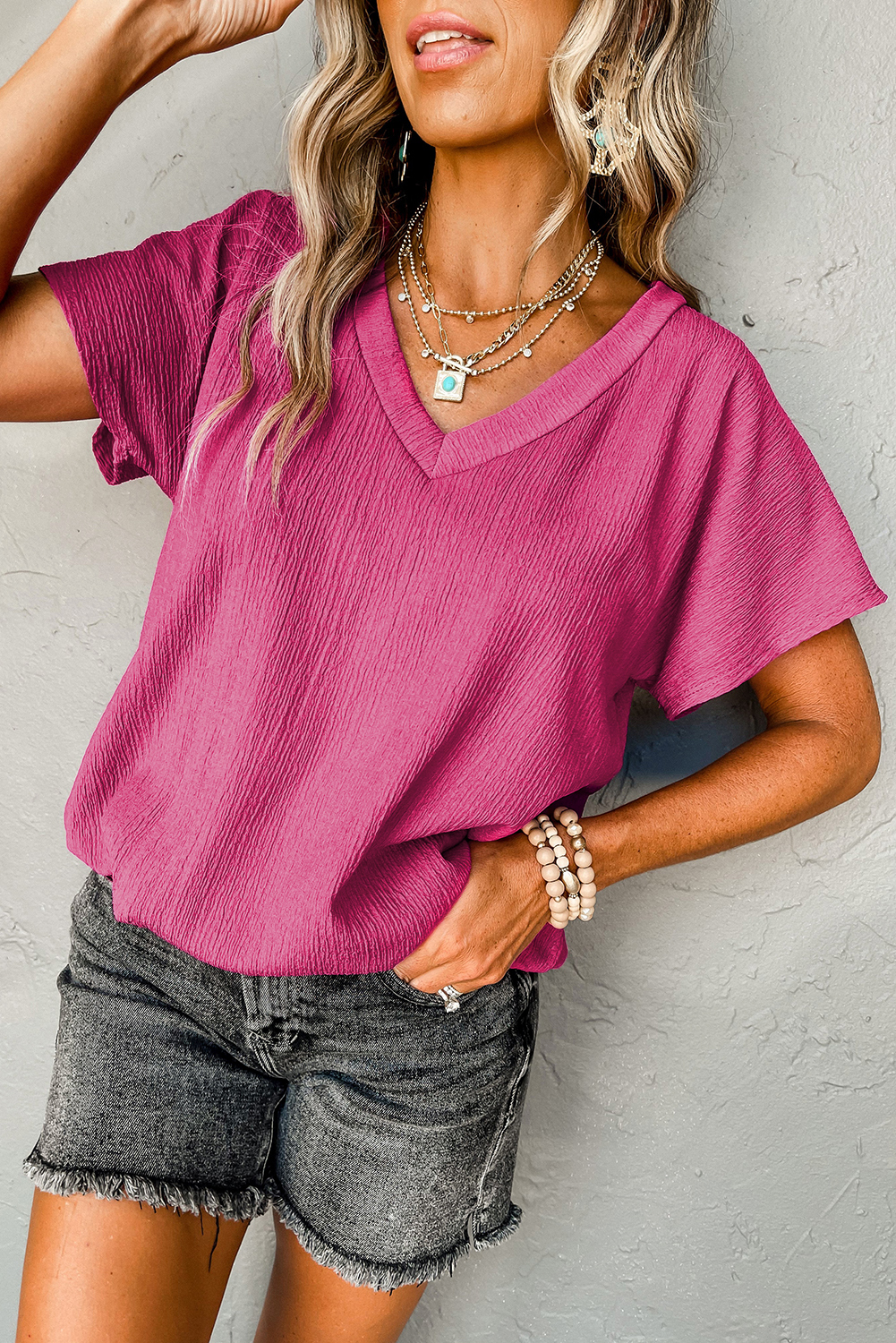 Blue Sapphire Crinkled V Neck Wide Sleeve T-shirt - Image 6