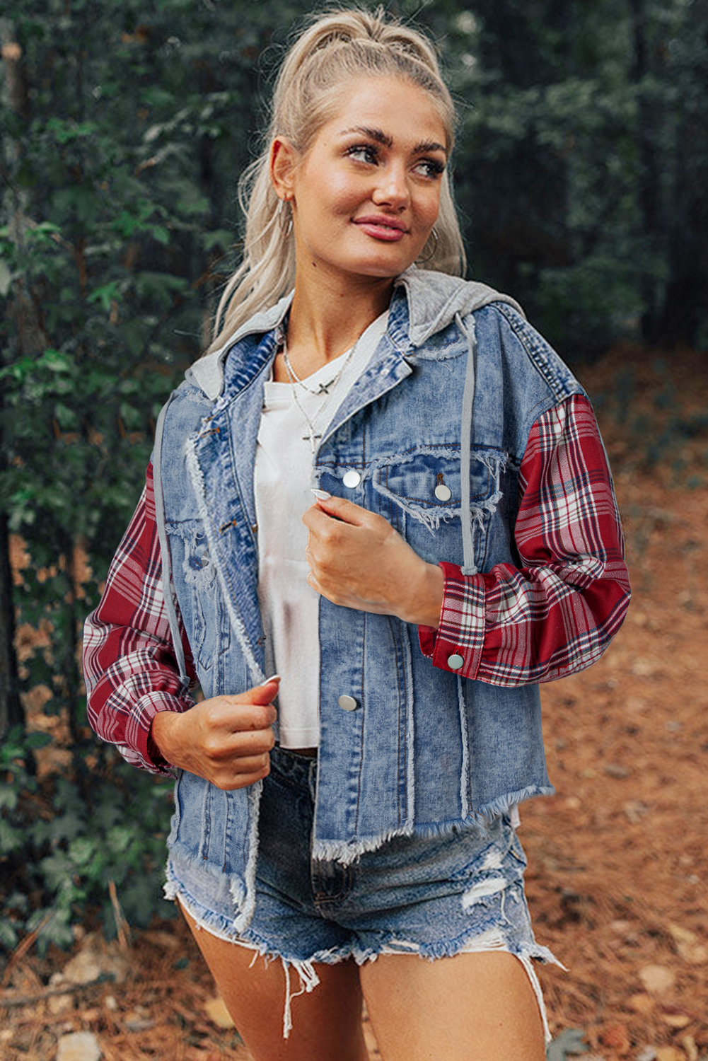 Beau Blue Plaid Print Patchwork Hooded Raw Hem Denim Jacket - Image 3