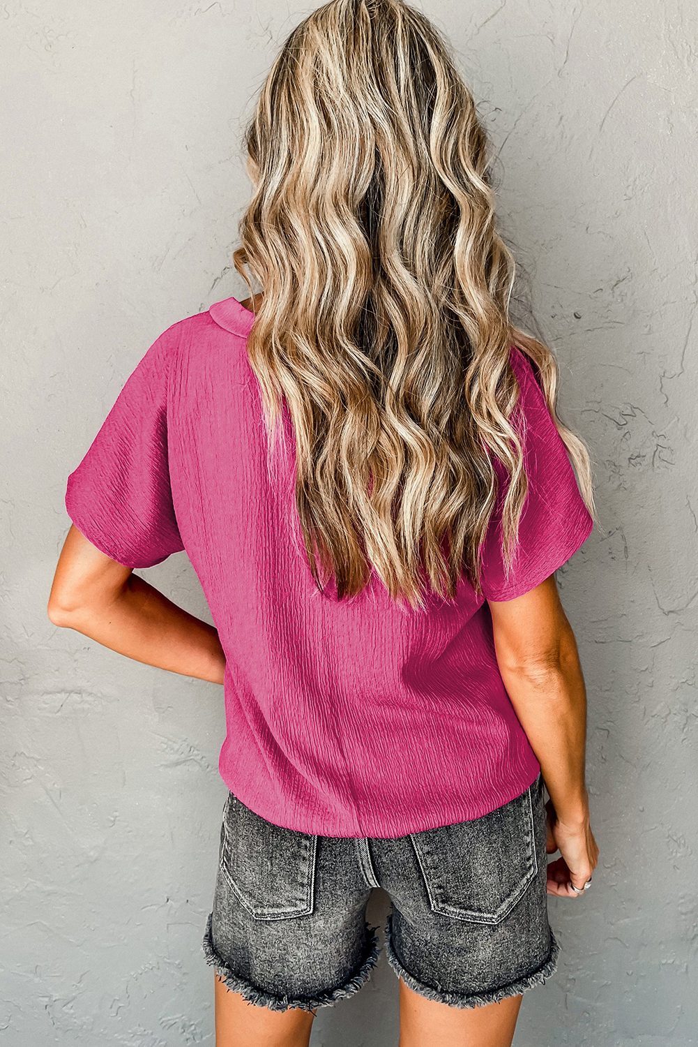 Blue Sapphire Crinkled V Neck Wide Sleeve T-shirt - Image 5