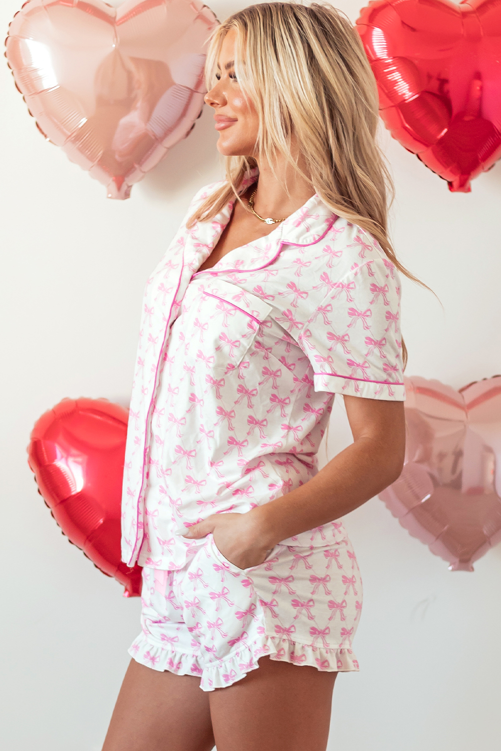 Pink Bowknot Printed Short Sleeve and Ruffled Shorts Valentines Pajama Set - Image 3