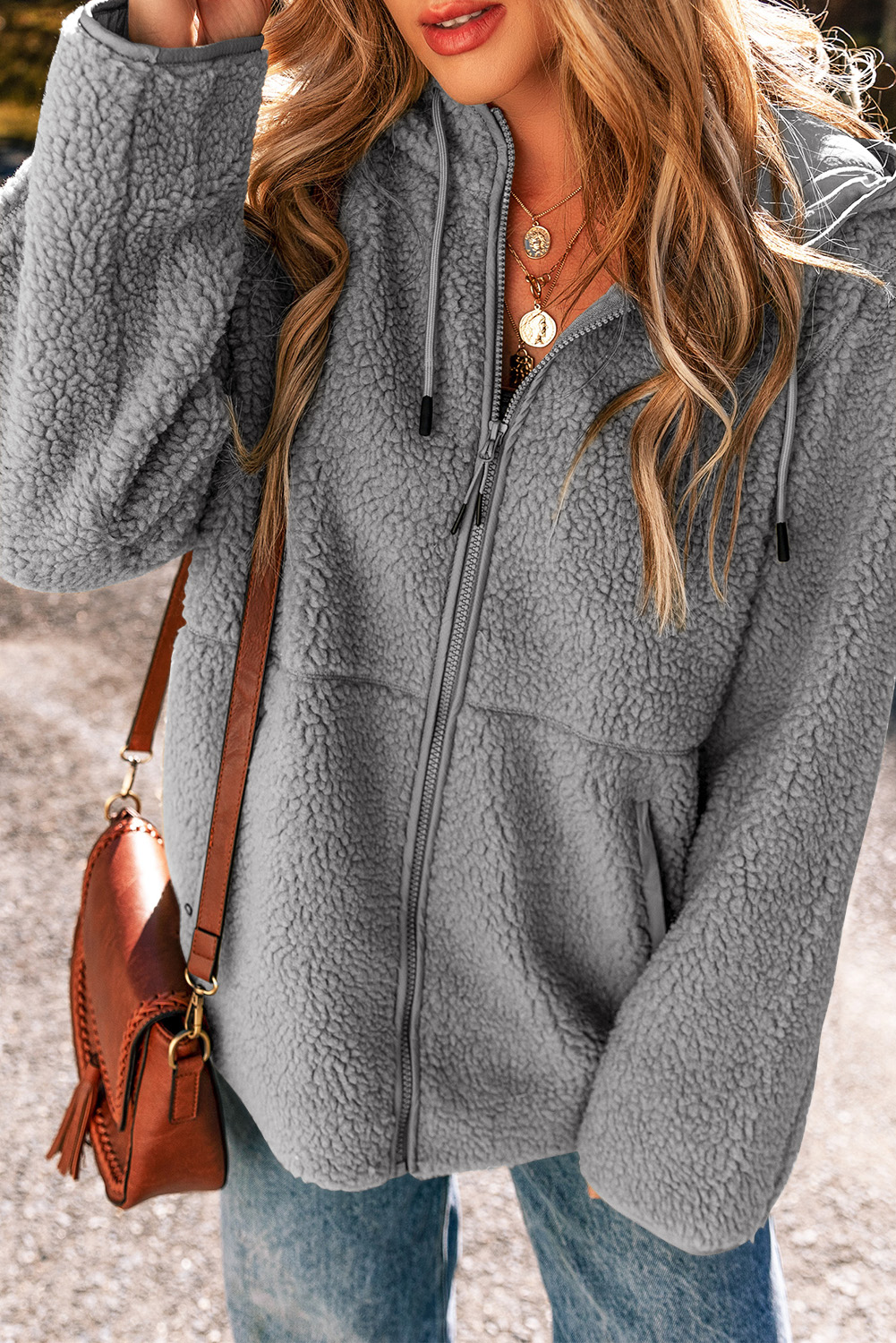 Medium Grey Fleece Zip Up Drawstring Hooded Pocketed Jacket - Image 3