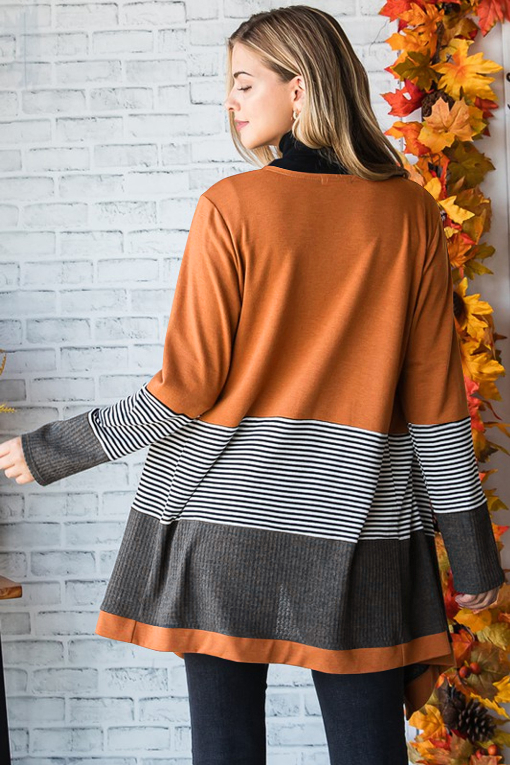 Orange Colorblock Striped Patchwork Open Cardigan - Image 2